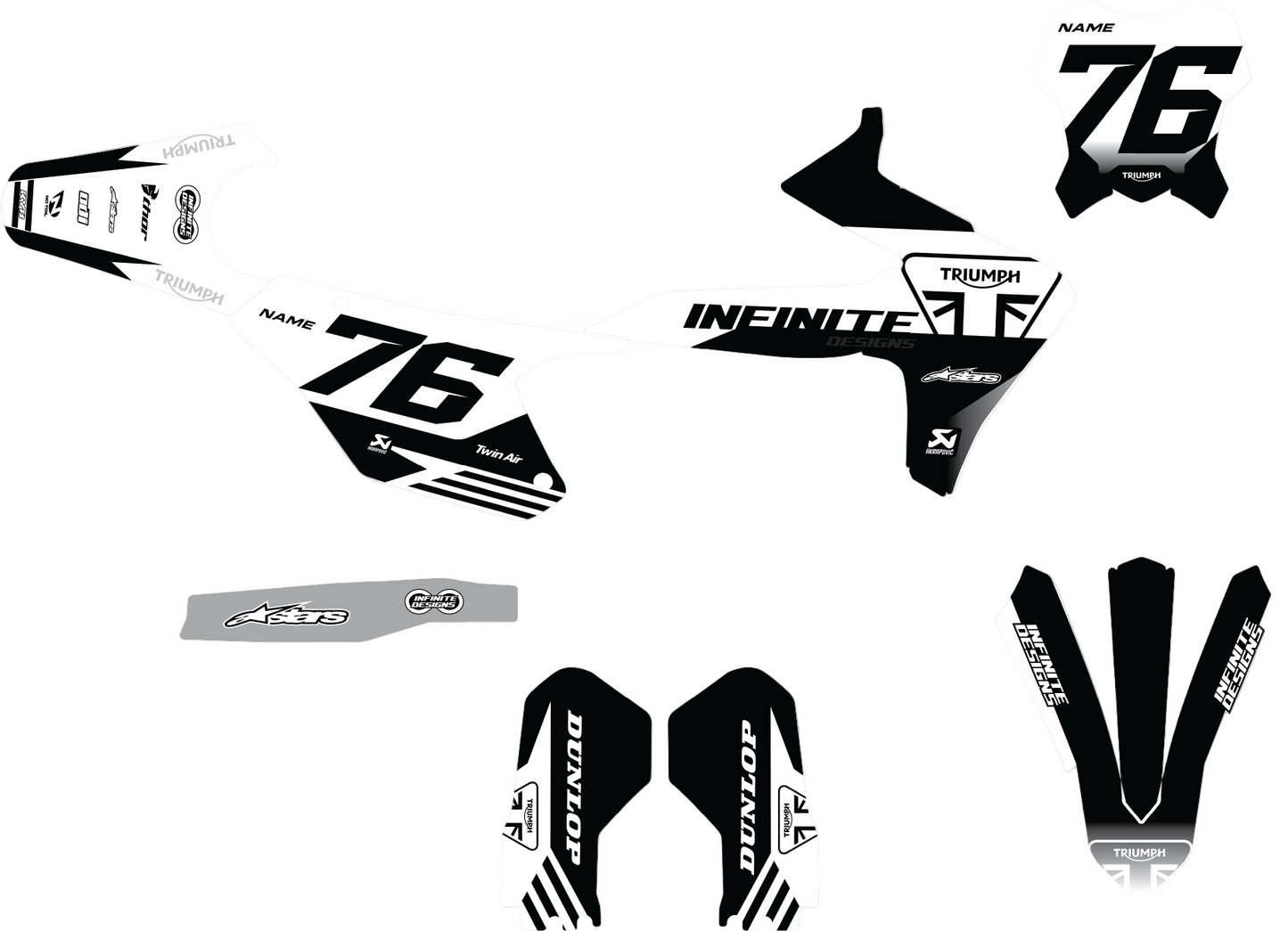 Set of black motorcycle decals with branding on a white background